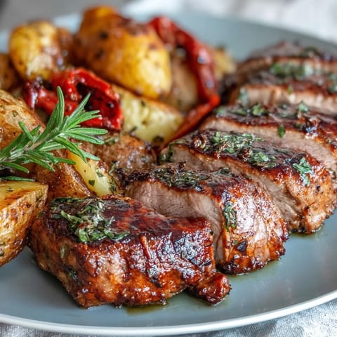 Savory Ibérico pork fillet, marinated in lemon and paprika, served with vibrant roasted red peppers and potatoes.
