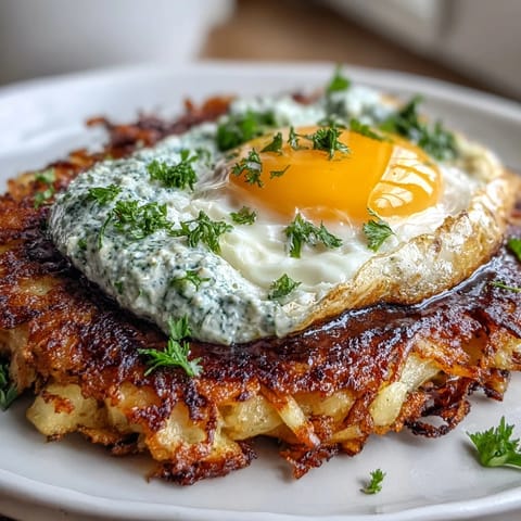 A close-up of crispy celeriac rösti with creamy harissa yogurt and a sunny-side-up egg for a savory brunch.