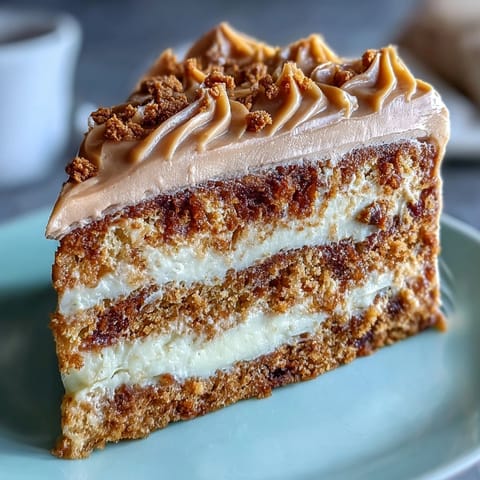 A slice reveals crunchy Biscoff biscuit pieces inside the tender sponge, topped with silky Lotus spread frosting.