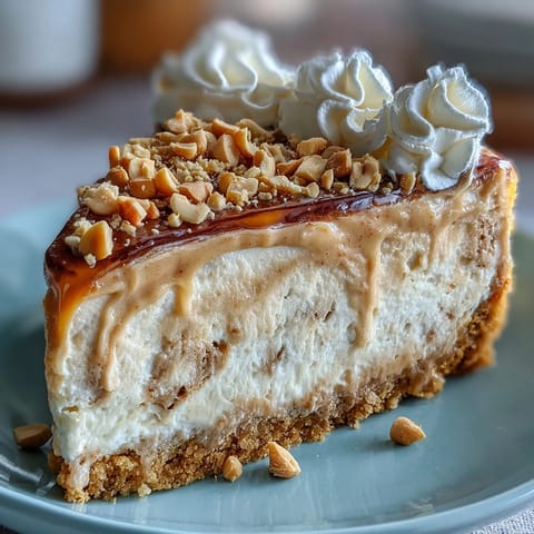 A slice of creamy Nutter Butter cheesecake with a peanut butter swirl on a crisp cookie crust, topped with whipped cream and chopped peanuts.