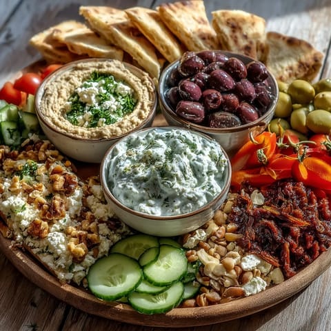 Vibrant Mediterranean Brunch Board with dips, fresh veggies, feta, and warm flatbreads ready for sharing.