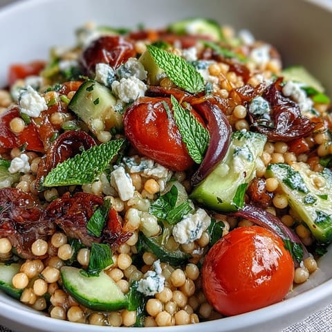 Freshly cooked Mediterranean Pearl Couscous salad with diced red bell pepper, cucumber, and crumbled feta cheese in a wooden bowl.