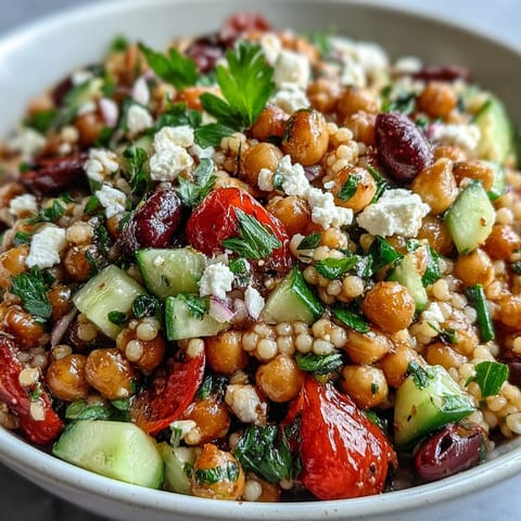 Chilled Mediterranean Pearl Couscous tossed with kalamata olives, cherry tomatoes, and parsley, served as a vibrant vegetarian lunch side dish.