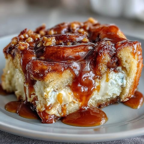 A sliced loaf of Caramel Cream Cheese Bread revealing a rich cream cheese swirl inside.