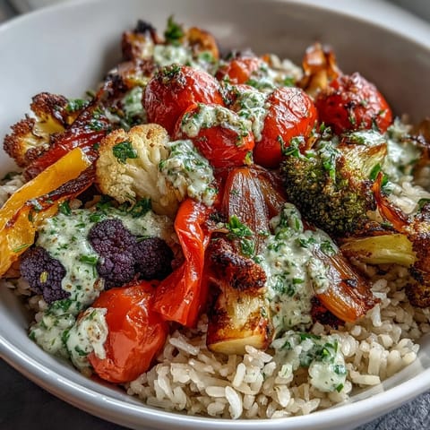 Freshly roasted multi-colored vegetables including red bell peppers and purple cauliflower fill this healthy Rainbow Roasted Vegetable Bowl garnished with fresh herbs.