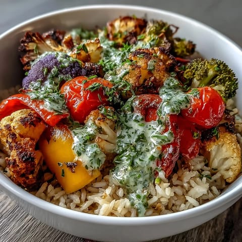 Hearty brown rice serves as the base for this vibrant Rainbow Roasted Vegetable Bowl, topped with zucchini, broccoli, and a drizzle of zesty lemon herb sauce.