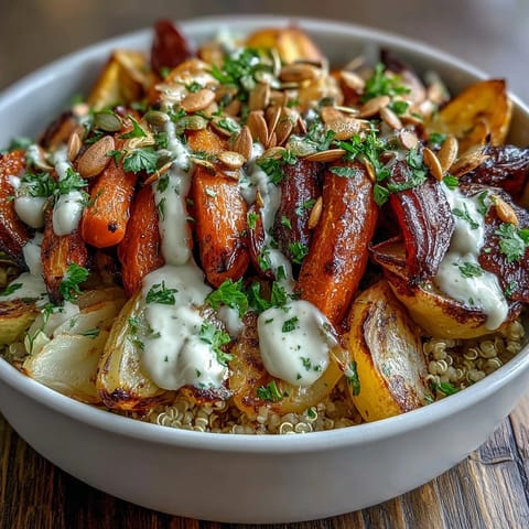 Golden roasted root vegetables like carrots and beets on fluffy quinoa, drizzled with creamy tahini sauce, garnished with parsley and pumpkin seeds.