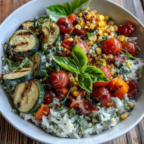 Sliced zucchini and diced bell peppers sautéed for the Summer Vegetable Bowl, served over fluffy white rice and topped with torn fresh basil leaves.
