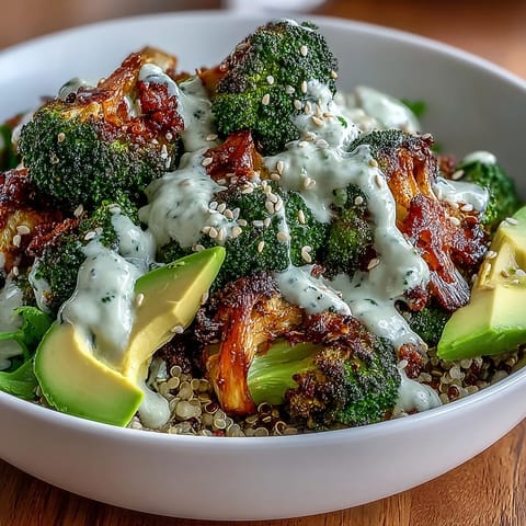 Crispy roasted broccoli and red onions piled high on fluffy quinoa in a ceramic bowl. A creamy tahini sauce is drizzled over the top, with avocado slices and lemon wedges on the side for a nutritious vegan dinner.