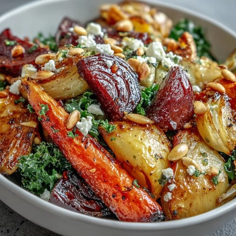 Roasted carrots and parsnips in a warm Winter Root Vegetable Bowl with massaged kale.