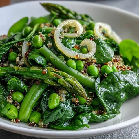 Spring Green Bowl with crisp asparagus and green beans, topped with pumpkin seeds and herbs.
