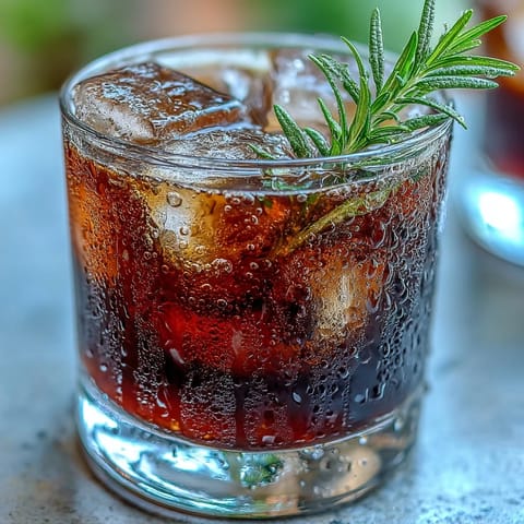 A chilled Black Currant Rosemary Cocktail garnished with a fresh herb sprig, served over clear ice cubes in a rocks glass.