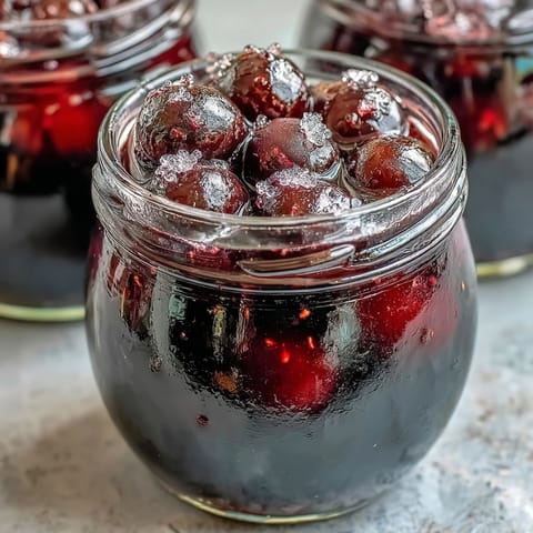 Frosted bottles of homemade Blackcurrant Vodka Liqueur glisten with a deep purple hue, garnished with fresh berries on a rustic wood table.