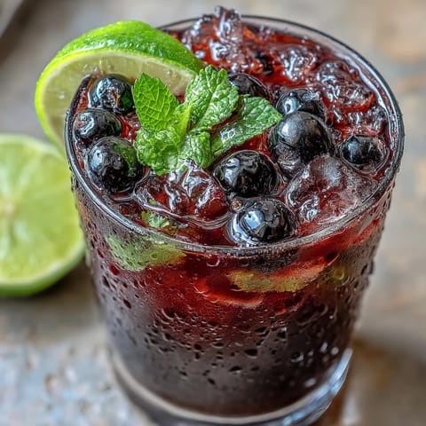 A tall glass of Black Currant Mojito brimming with crushed ice, deep purple hue, fresh mint leaves, and a bright lime wedge garnish.