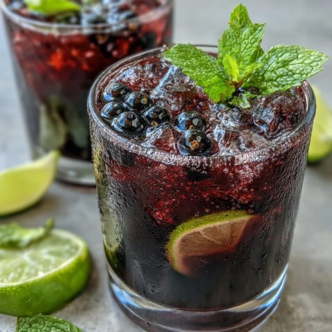 Close-up of Tangy Blackcurrant Mojito garnished with fresh mint, blackcurrants, and lime slices beside a striped straw.