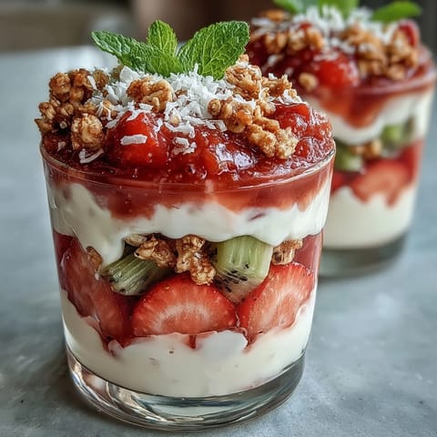 Freshly layered Guava-Flavored Yogurt Parfait topped with mint and coconut beside a mug of green tea.