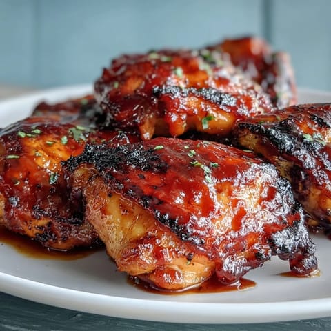 Golden-brown chicken thighs glazed with sticky guava BBQ sauce, topped with fresh cilantro and lime wedges.