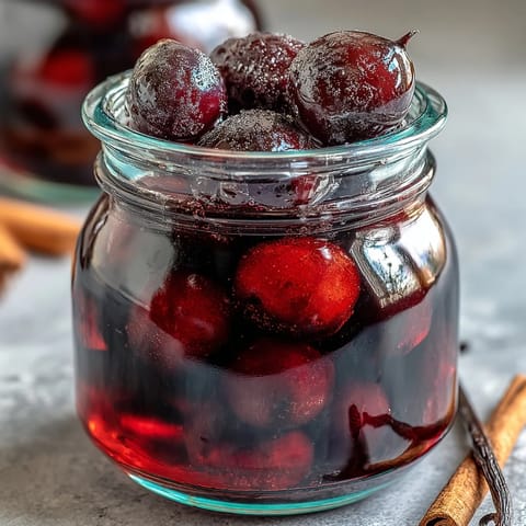 Deep ruby Black Currant Rum Liqueur poured into a glass, garnished with fresh currants and a cinnamon stick.