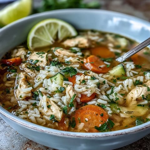 A steaming bowl of Easy Chicken and Rice Soup, packed with tender chicken, fluffy rice, and colorful vegetables in a savory broth.