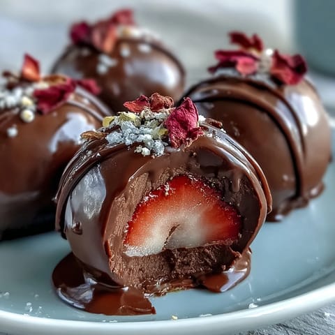 Dubai-Style Strawberry Truffles with Dark Chocolate Shell in a glossy dark chocolate shell, accented by rosewater and cardamom for a Middle Eastern-inspired treat.