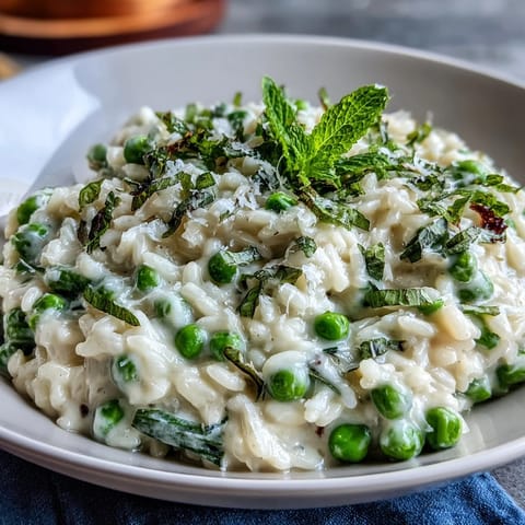 Spring Dinner Party Pea and Mint Risotto with Parmesan: creamy Arborio rice infused with fresh peas, mint, and Parmesan, served in a shallow bowl with extra herbs.