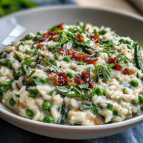 Vibrant Pea and Mint Risotto with Parmesan: bright green risotto with tender peas and fragrant mint, finished with a sprinkle of Parmesan for a spring dinner party.