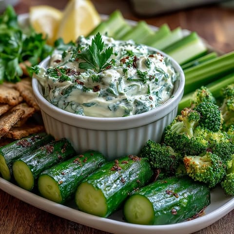 A colorful green snack board with cucumber, snap peas, and avocado ranch dip, perfect for healthy entertaining.  