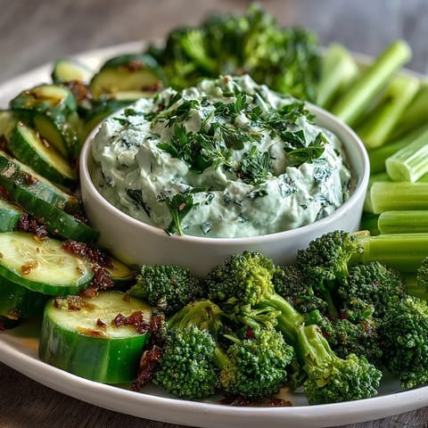 Fresh vegetable platter featuring crisp cucumber, snap peas, and creamy avocado ranch dip for a vibrant appetizer.  