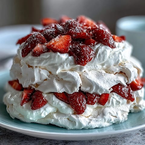 Classic Strawberry Pavlova with Whipped Cream: crisp meringue base topped with billowy vanilla cream and fresh strawberries for a perfect balance of sweetness and tartness.