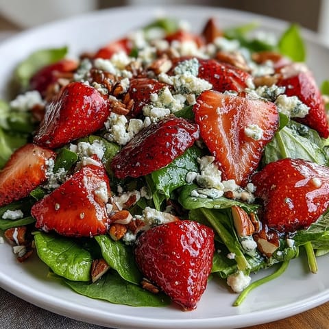 Bright spinach salad with sweet strawberries, creamy poppyseed dressing, feta, and toasted almonds for a refreshing vegetarian dish.