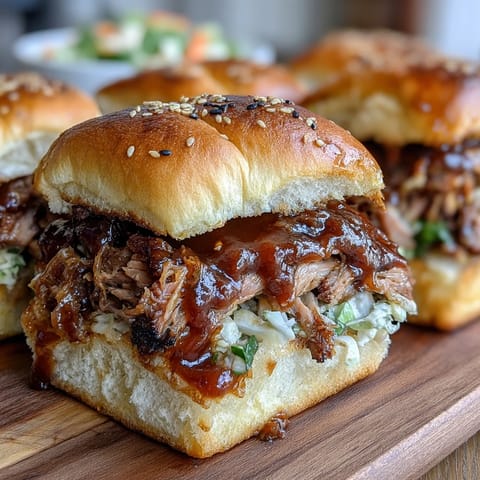 Savory, tender brisket slices smothered in smoky BBQ sauce, served on slider buns with crisp, refreshing coleslaw for a flavorful bite.  