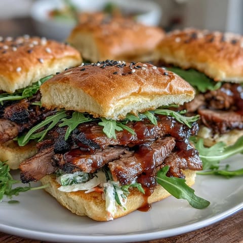 Slow-smoked BBQ brisket sliders piled high on soft buns with tangy slaw and pickles, perfect for parties and celebrations.  