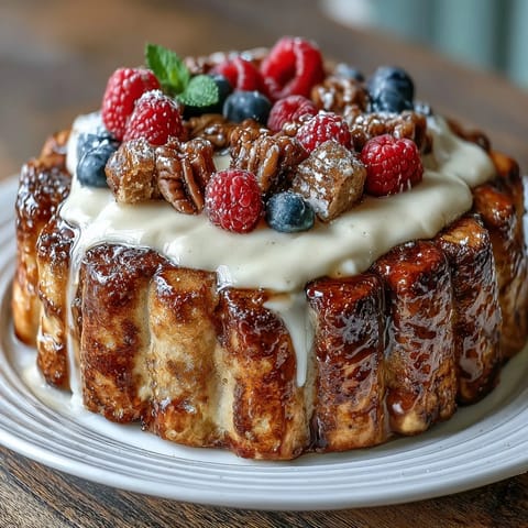 Warm pancake casserole with mixed berries, creamy custard, and golden-brown top—perfect for a festive Mothers Day brunch.  