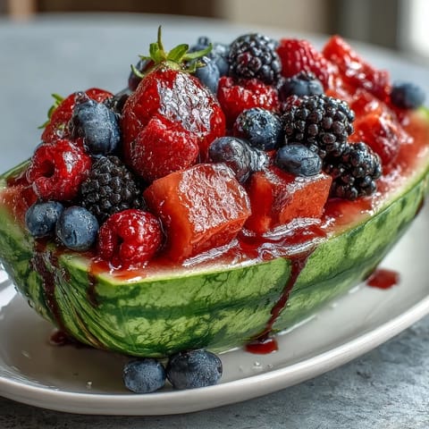 Vibrant watermelon carving board brimming with fresh berries and mint, perfect for summer parties or festive gatherings.