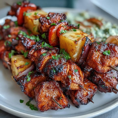 Grilled Pineapple Chicken Skewers with juicy chicken, sweet pineapple, and colorful veggies sizzling on the grill for a tropical summer meal.  