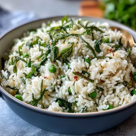 Vibrant spring pea and mint rice pilaf with bright green peas and fresh herbs, perfect as a light vegetarian side dish.
