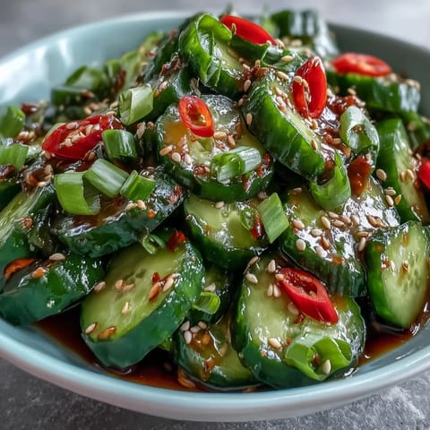 Crisp Asian cucumber salad with sesame and rice vinegar, garnished with green onions and sesame seeds for a refreshing bite.