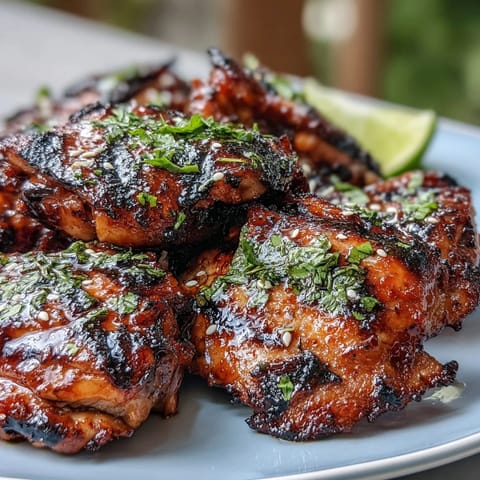 Grilled honey sriracha chicken thighs glazed with a sweet and spicy sauce, caramelized on the grill and garnished with sesame seeds.