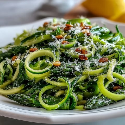 A vibrant spring salad with shaved asparagus, lemon zest, and Parmesan curls on a white platter.