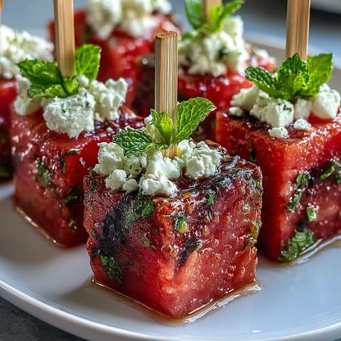 Fresh watermelon feta mint skewers with juicy melon, creamy cheese, and fragrant herbs, perfect for summer gatherings.