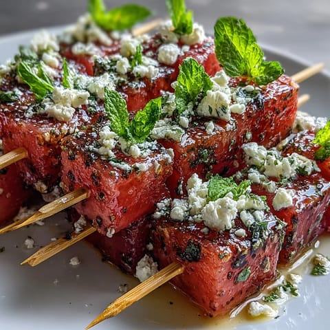 Vibrant watermelon feta mint skewers drizzled with olive oil and balsamic glaze, a refreshing appetizer for warm days.