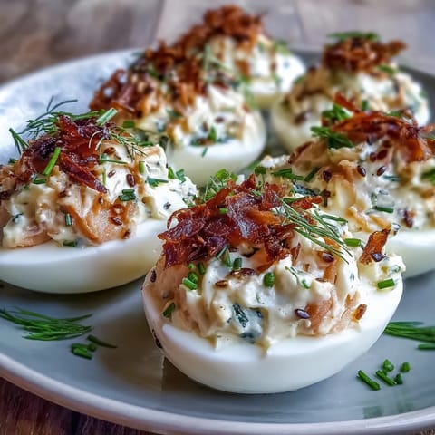 Creamy deviled eggs with smoked salmon and everything bagel seasoning, garnished with fresh dill and chives.