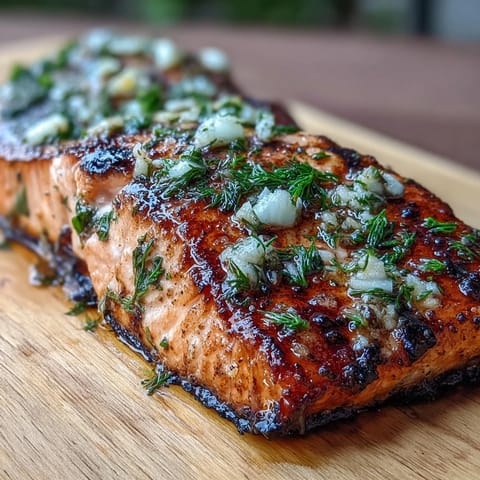 Grilled salmon fillets on aromatic cedar planks, infused with garlic, dill, and lemon, served with a fresh herb garnish and citrus wedges.