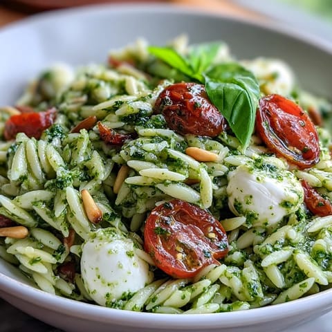 Vibrant orzo pasta salad tossed with basil pesto, juicy tomatoes, and soft mozzarella balls.
