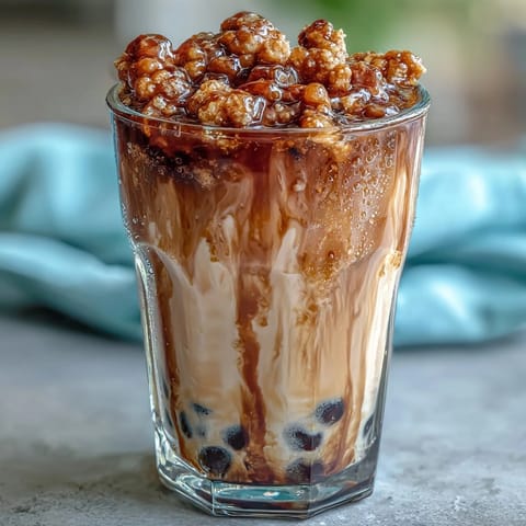 Luscious homemade milk tea layered with dark brown sugar boba pearls and swirled syrup for a marbled effect.