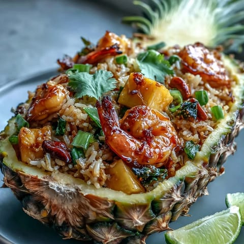Vibrant pineapple fried rice with colorful vegetables, juicy shrimp, and fresh pineapple served in a carved pineapple shell for a stunning Thai-inspired presentation.