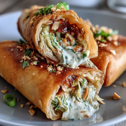 Crunchy vegetable and noodle-filled spring rolls with a side of rich, spicy peanut sauce for dipping.  