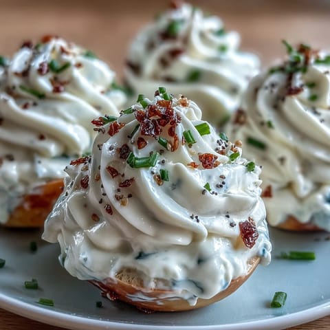 Creamy filling piled high on deviled eggs with savory bagel topping.