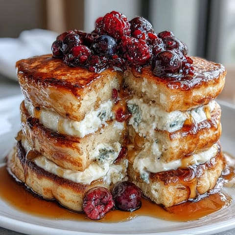 Golden Icelandic Skyr Pancakes piled high, ready with berries and syrup.