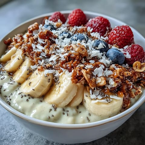 Creamy Skyr Protein Smoothie Bowl teeming with fresh berries, topped with delicious granola.